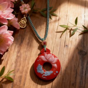 H159 Cinnabar Necklace: Lotus Harmony Cinnabar Talisman